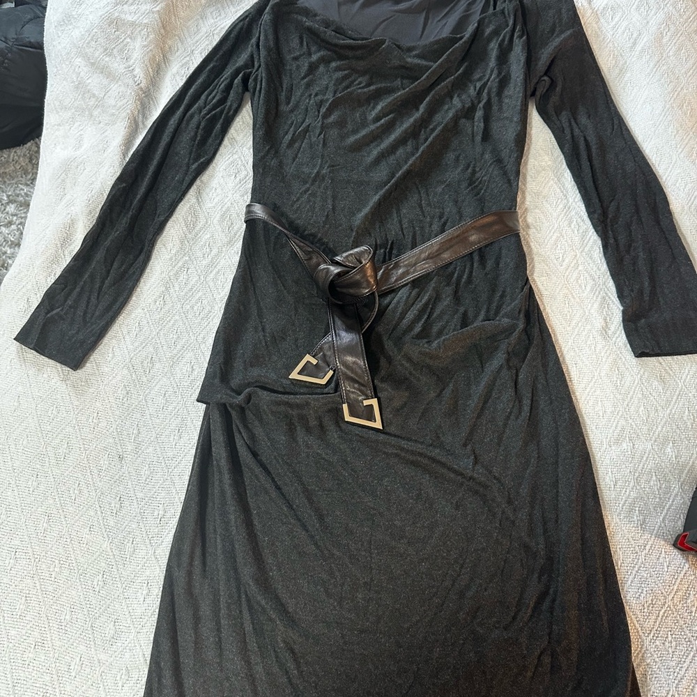 Gucci Elegant Gray/Black Long Sleeve Dress with Leather Belt